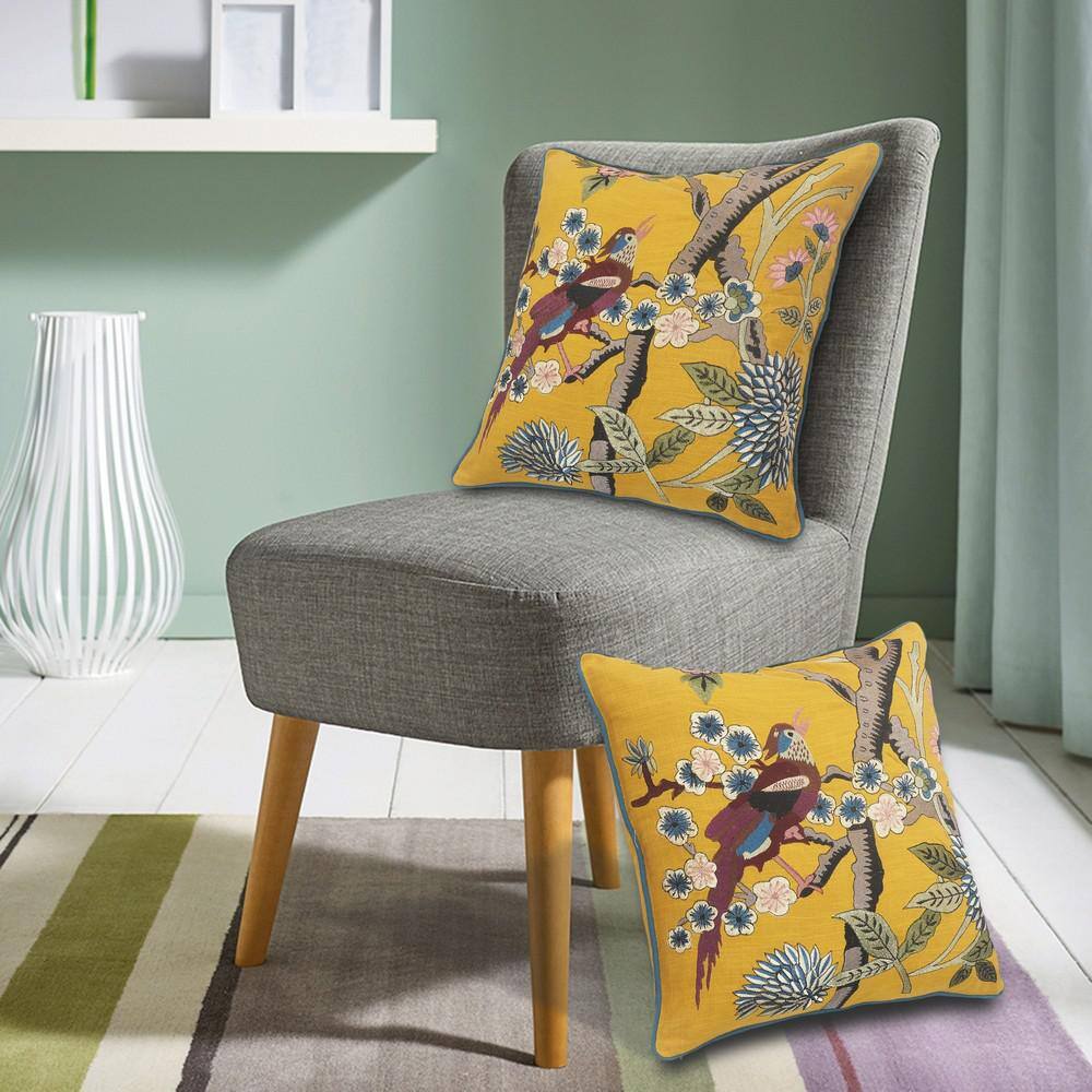 Yellow Cotton Bird of Paradise Embroidered Throw Pillow