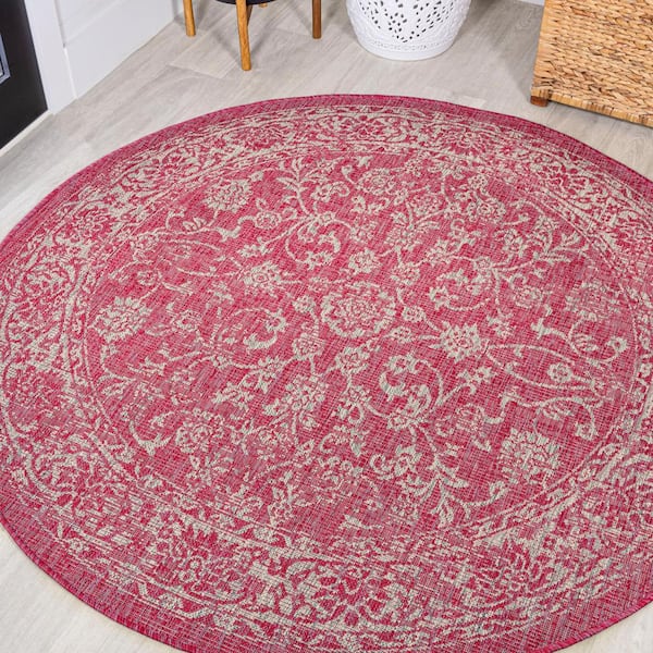 JONATHAN Y Tela Bohemian Textured Weave Floral Fuchsia/Light Gray 5 ft. Round Indoor/Outdoor Area Rug