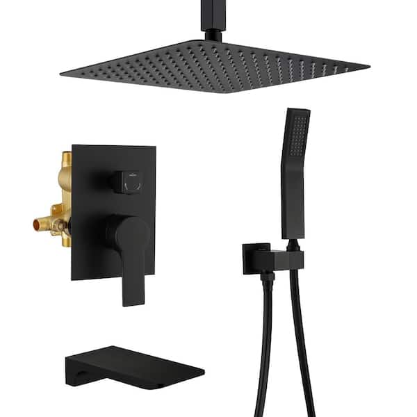 WATWAT liric Celling Mount Single Handle 1-Spray Square High Pressure Shower Faucet in Matte Black (Valve Included)