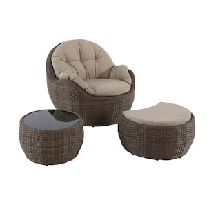 Greta Ottoman 3-Piece Wicker Patio Lounge Chair with Beige Cushions