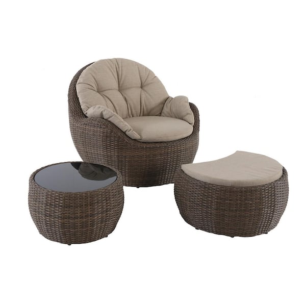 Royal Garden Greta Ottoman 3-Piece Wicker Patio Lounge Chair with Beige Cushions