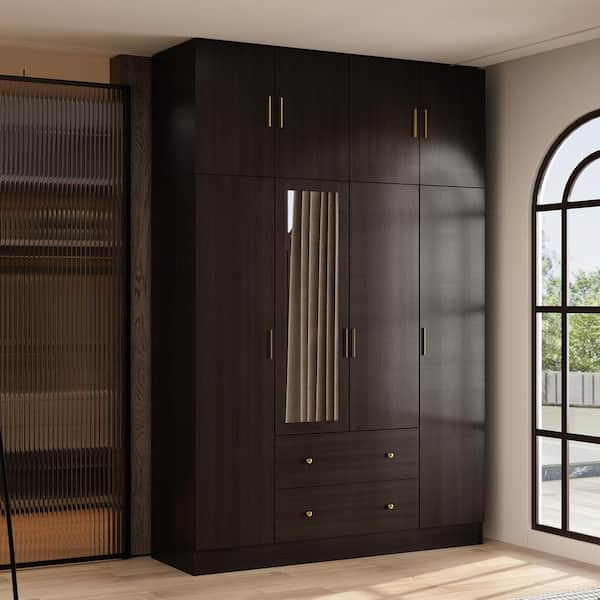 Brown Wood Grain 63 in. W 8-Door Big Armoires With Mirror, 2 Hanging Rods, 2 Drawers, Storage Shelves (94.5 in. H)