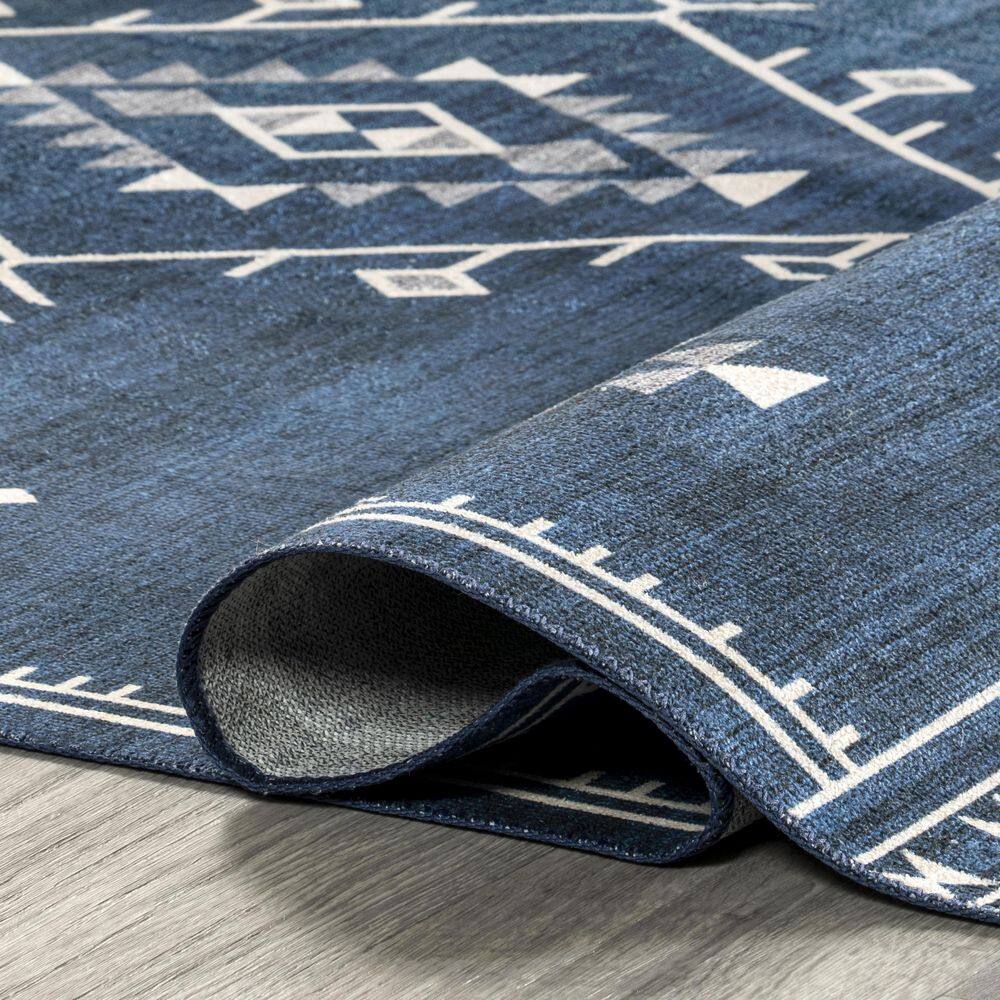 Navy Rectangular Reversible Washable Synthetic Area Rug, 3' x 5'