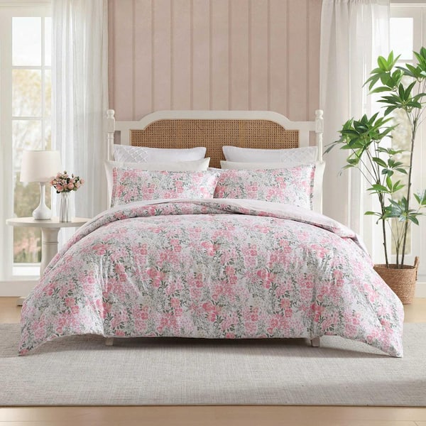 Laura Ashley Heather Garden 3 Piece White/Pink/Green 100% Cotton Full/Queen Comforter Set
