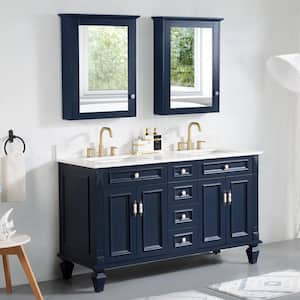 60 in. Solid Wood Bathroom Vanity With Double Sinks and 4 Drawers, Soft-Close Doors, Carrara White Quartz Top, Navy Blue