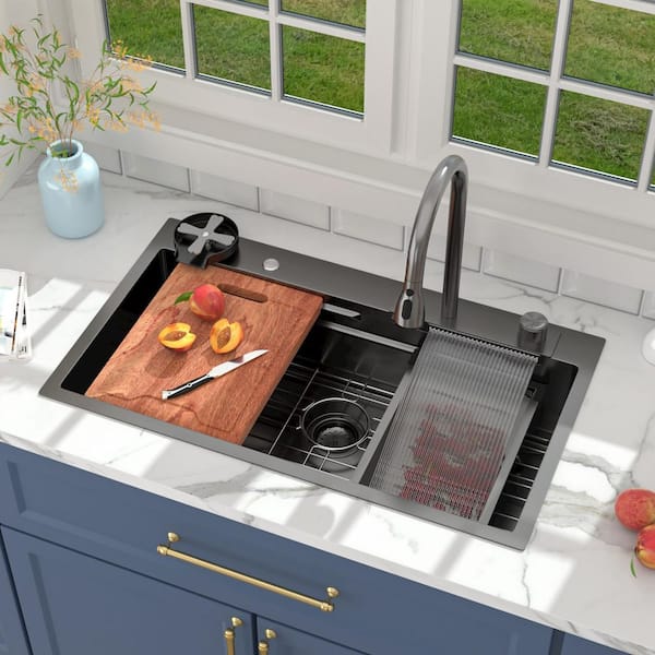 33 in. x 19 in.Gunmetal Black Single Bowl 16-Gauge Stainless Steel Drop-In Workstation Kitchen Sink with Faucet