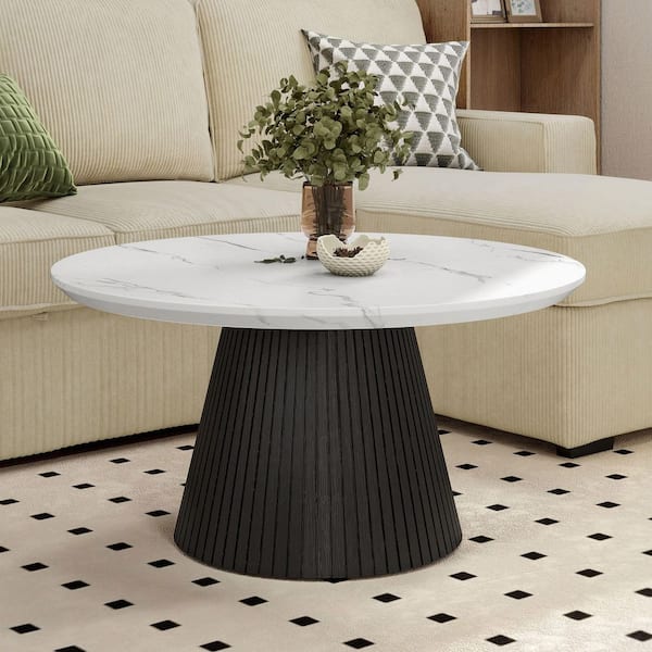 Jones 36 in. Black Round Faux Marble Top Coffee Table with Reeded Drum Base