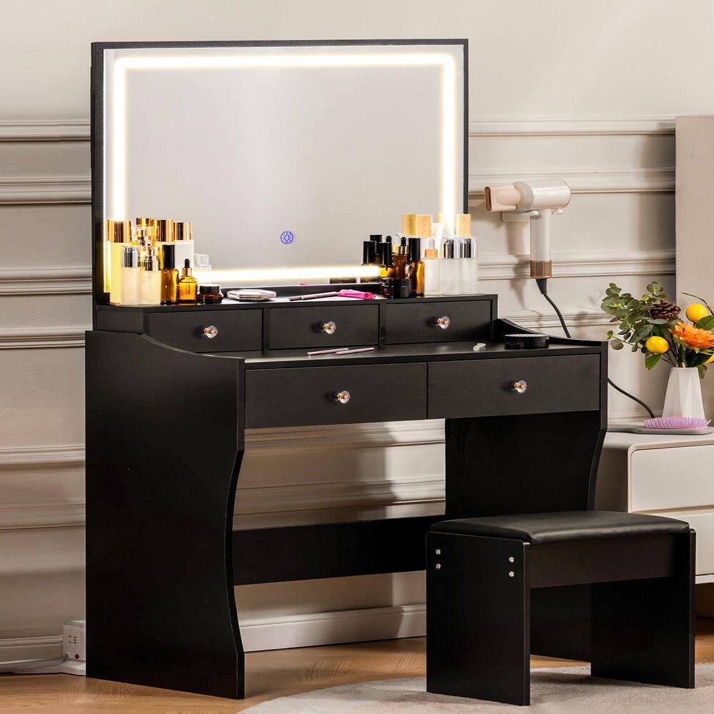 Makeup Vanity Desk with 3-Color Modes Adjustable Lights Vanity Table and Chair Set with Charging Station, White
