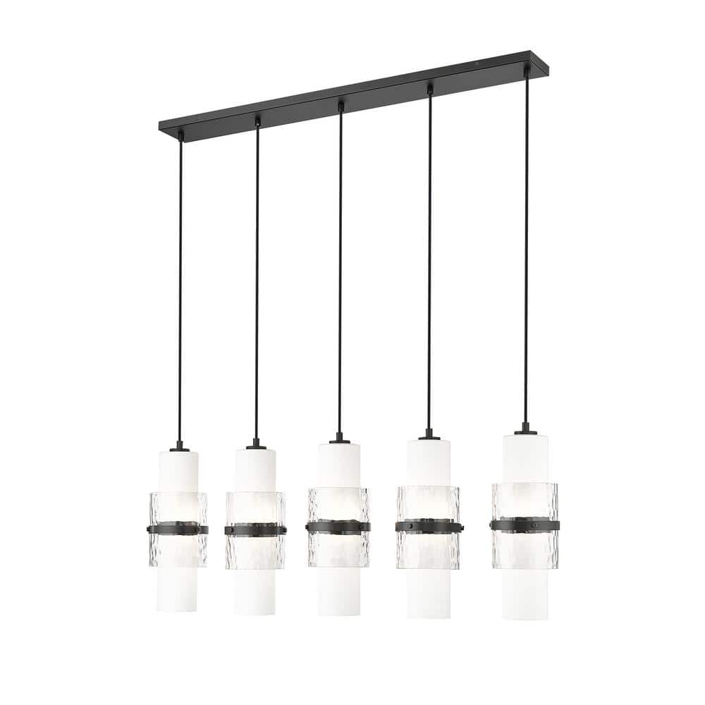 Cayden 42 in. 5-Light Matte Black Linear Chandelier with Clear Plus Etched 