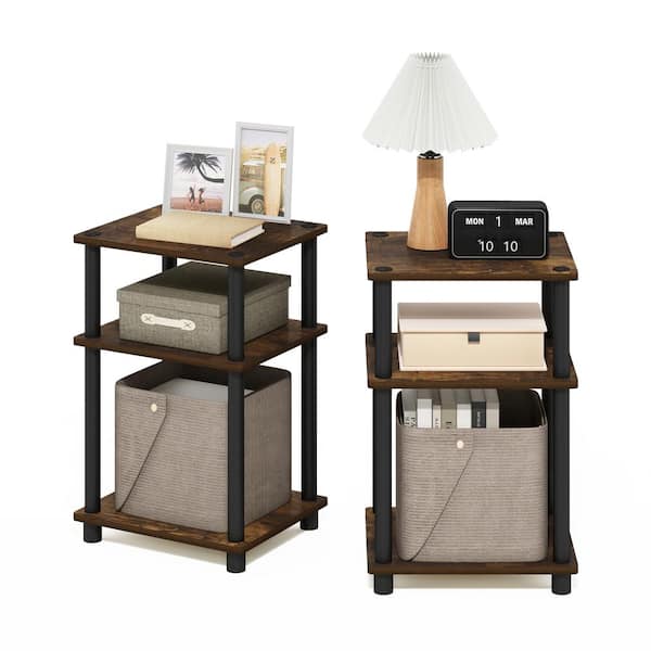 Furinno Just 13.4 in. Amber Pine/Black Rectangle Wood End Table (Set of 2)