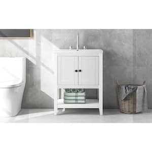 24 in. W x 17.8 in D. x 33.6 in. H White Modern Bath Vanity Elegant Ceramic Sink with Solid Wood Frame & Open Shelf