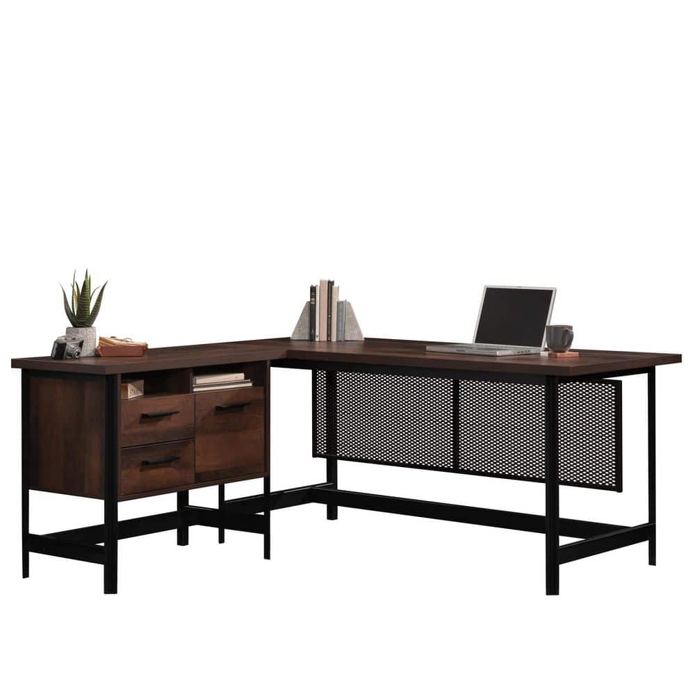 Brown Wood L-Shaped Corner Desk with Drawer and Filing Cabinet