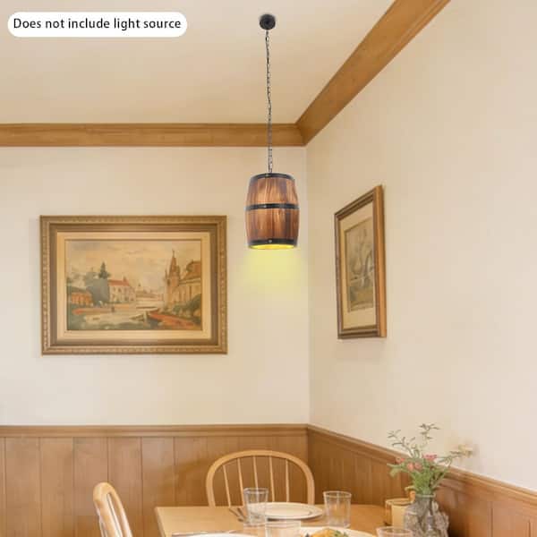 置き燈籠 OUKANING 1-Light Brown Retro Cage Wood Barrel Pendant Light with