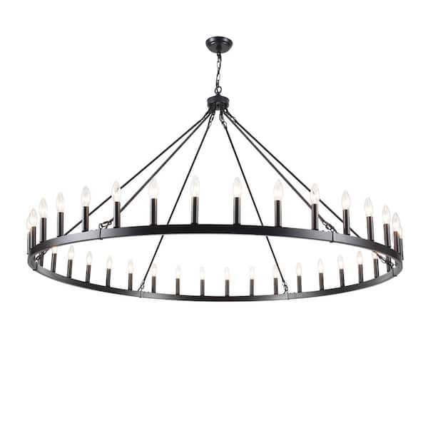 36-Light Matte Black Classic Wagon Wheel Design Chandelier for Living Room with No Bulbs Included