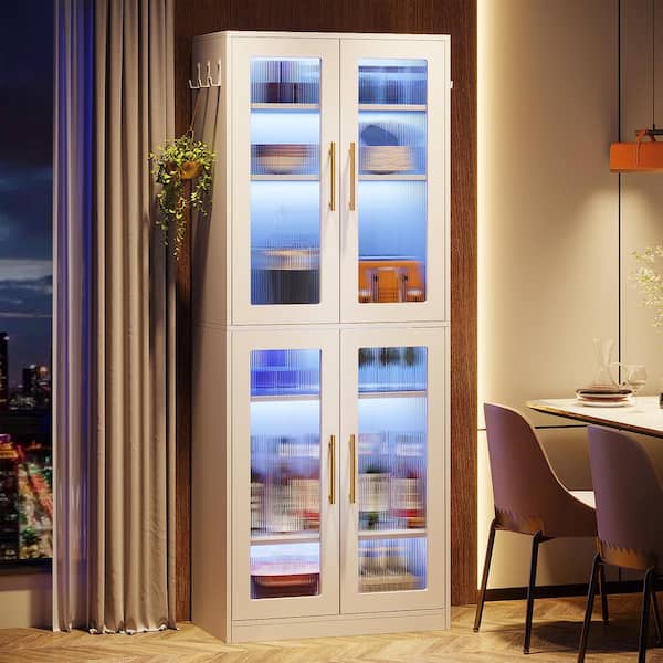 BYBLIGHT White 24.8 in. W Display Cabinet with Doors and LED Lights, Tall Storage Cabinet for Living Room