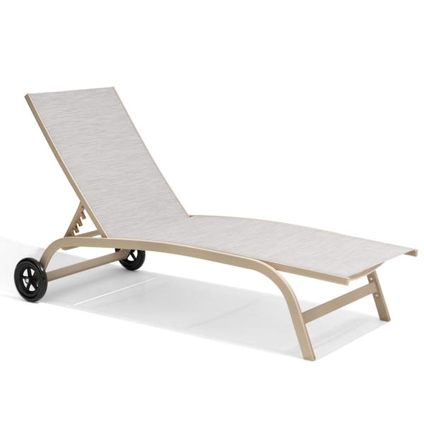 Full Flat 1-Piece Aluminum Adjustable Outdoor Chaise Lounge in White Gray with Wheels