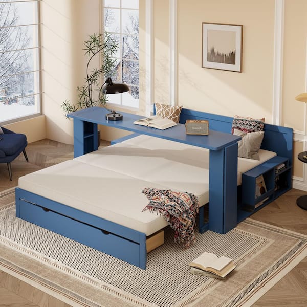 Blue Queen Size Daybed Convertible Platform bed with Removable Desk, Storage Drawer, Hydraulic Side Table