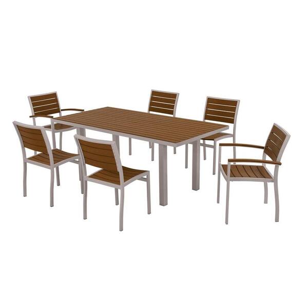 POLYWOOD Euro Textured Silver All-Weather Aluminum/Plastic Outdoor Dining Set in Teak Slats