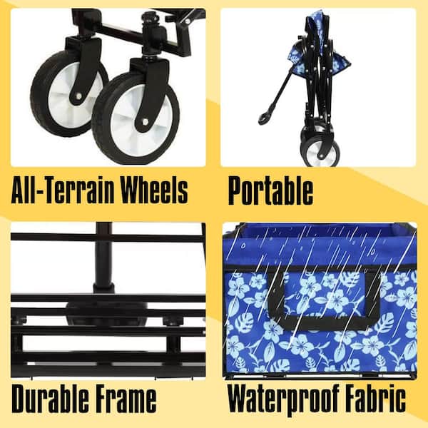 2 cu. ft. Steel Frame Outdoor Garden Cart Waterproof Fabric Folding Wagon with fixed belt, Blue Flower Texture