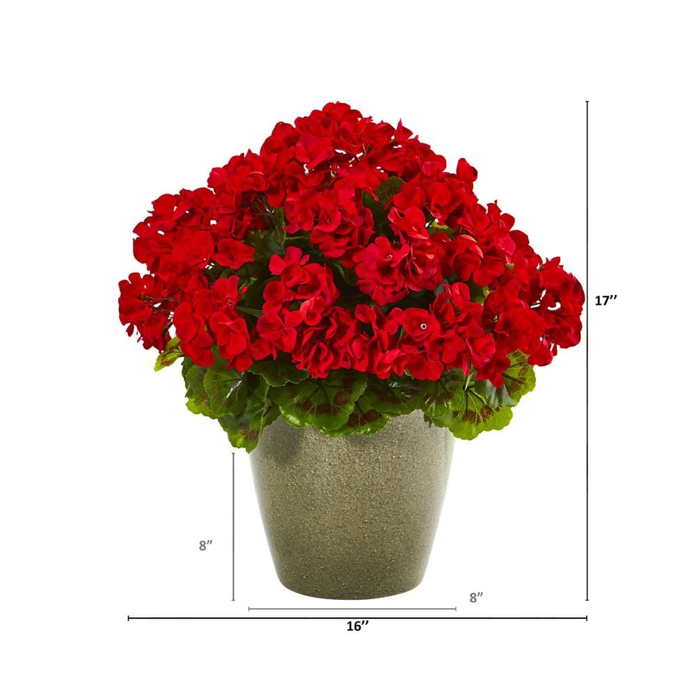 Red Silk Geranium Floral Arrangement in Bronze Glass Pot