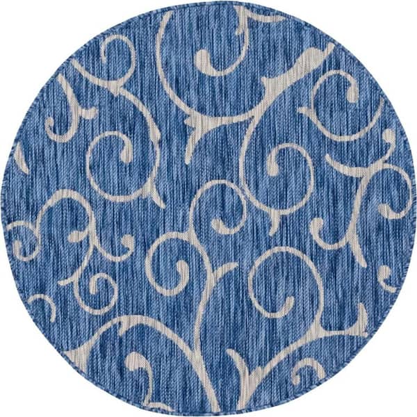Unique Loom Outdoor Curl Azure Blue 4 ft. x 4 ft. Round Area Rug
