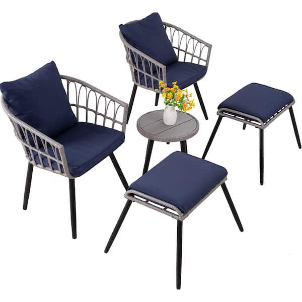 5-Piece Wicker Outdoor Bistro Set with Navy Cushion, Ottoman, Table and 2 Chairs for Porch Backyard Lawn Poolside Deck