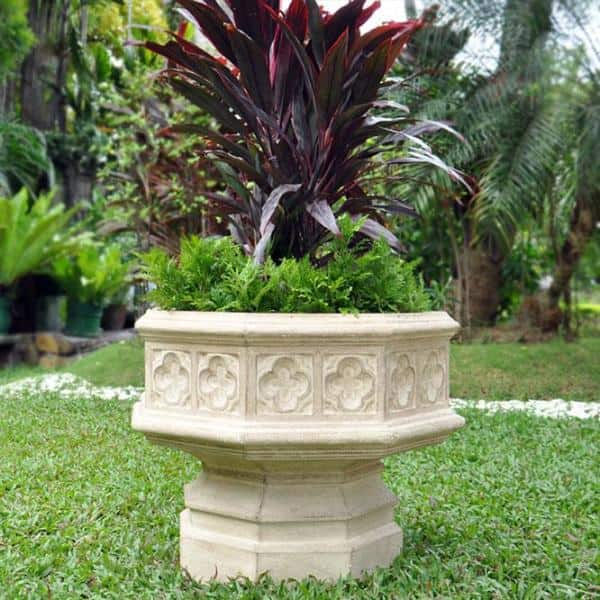 24 in. x 19-1/2 in. Cast Stone Fiberglass Hexagonal Gothic Urn in Limestone