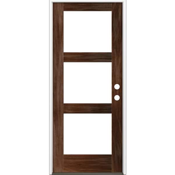 Krosswood Doors 36 in. x 96 in. Modern Hemlock Left-Hand/Inswing 3-Lite Clear Glass Red Mahogany Stain Wood Prehung Front Door