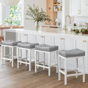 24 in. Light Grey Counter Height Saddle Bar Stool Faux Leather Cushion Backless Bar Stool with Metal Legs (Set of 4)
