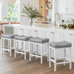 24 in. Light Grey Cushioned Backless Faux Leather Saddle Bar stools with White Metal Frame (Set of 4)