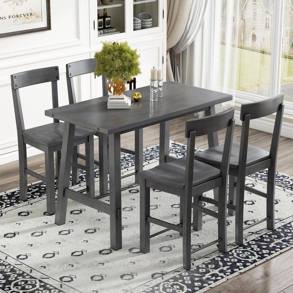 GOJANE 5-Piece Gray Counter Height Dining Table Set Solid Wood and ...