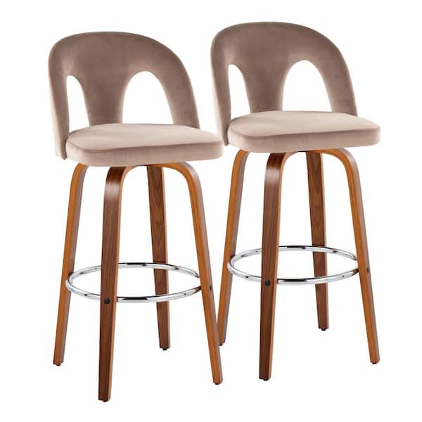 Ava Upholstered 30 in. Fixed-Height Barstool Walnut Wood and Taupe Velvet & Round Chrome Footrest (Set of 2)