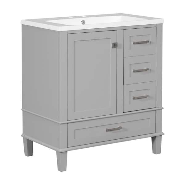 Sarlai 30 in. W x 18 in. D x 34 in. H Freestanding Bath Vanity Storage Cabinet in Grey with White Ceramic Sink Top