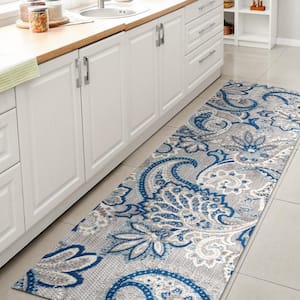 Gordes Paisley High-Low Light Gray/Blue 2 ft. x 10 ft. Indoor/Outdoor Runner Rug