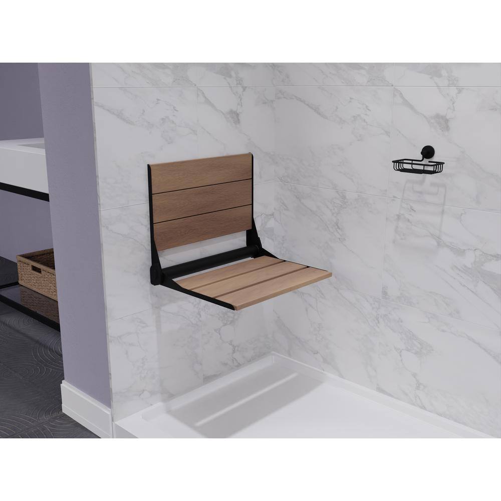 Matte Black Teak Wall Mounted Folding Shower Seat
