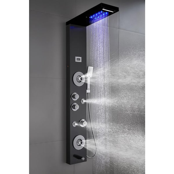 55 in. 6-Jet Shower Panel System with LED Rainfall Waterfall Shower Head Handshower and Tub Spout in Black
