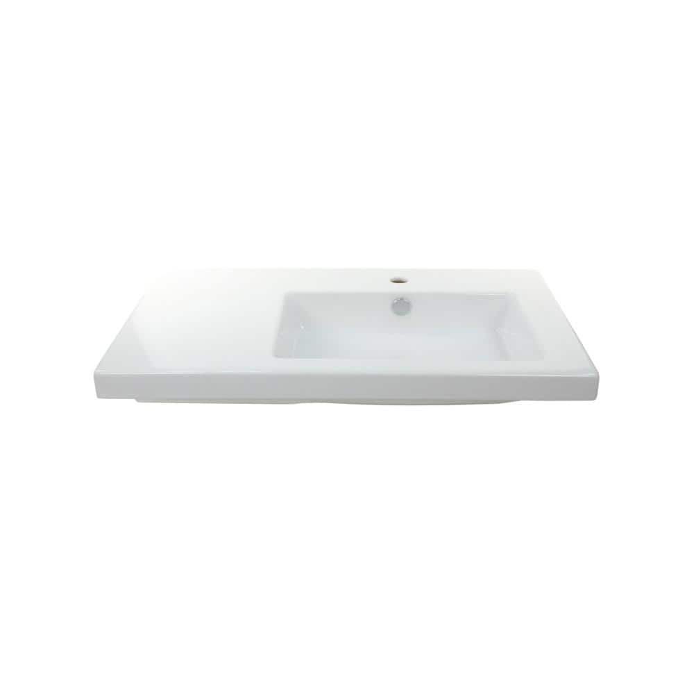 Glossy White Ceramic Wall-Mount Rectangular Bathroom Sink