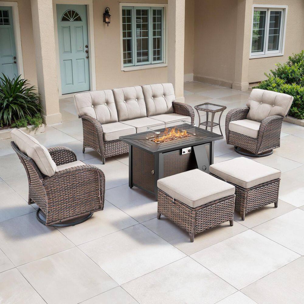 TWrap Brown 7-Piece Wicker Outdoor Patio All-Iron Fire Pit Deep Seating Set with Beige Cushions and Swivel Gliders price history on PriceWatchPro