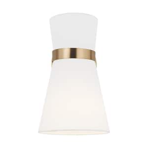 Clark 7 in. 1-Light Satin Brass Wall Sconce With White Linen Shade and LED Light Bulb