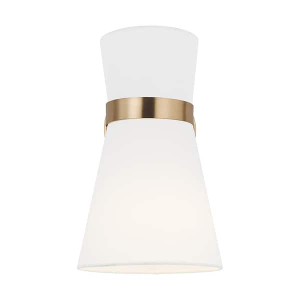 Generation Lighting Clark 7 in. 1-Light Satin Brass Wall Sconce With White Linen Shade and LED Light Bulb