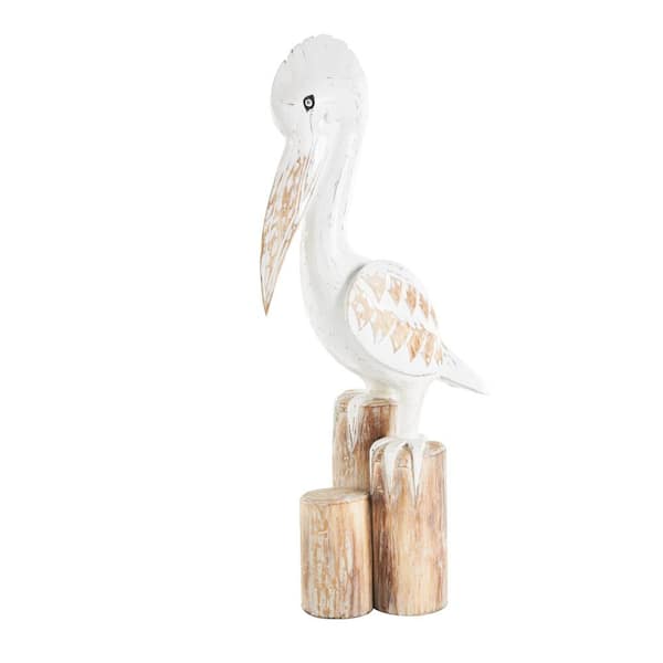 Litton Lane White Wood Handmade Distressed Pelican Sculpture with 3 Brown Posts