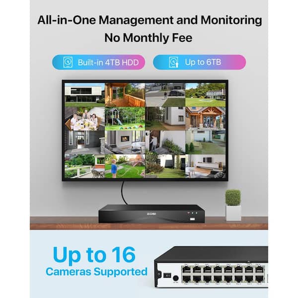 ZOSI 4K 16-Channel POE NVR Home Security Camera System with 4TB