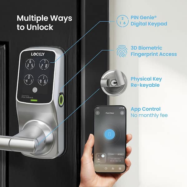 Secure Pro Satin Nickel Smart WiFi Mobile App-Controlled Lever Latch, 3D Fingerprint, Keypad, Works w/ Hey Google/Alexa