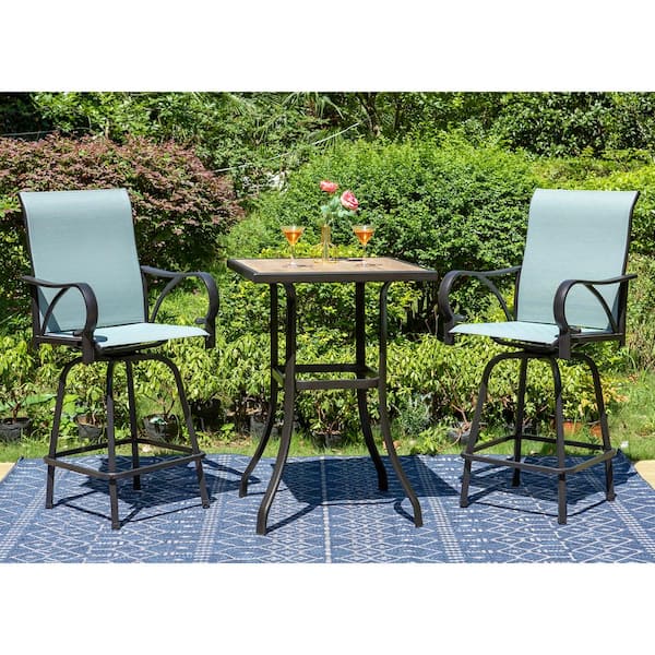 PHI VILLA 3-Piece Metal Outdoor Patio Bar Height Dining Set with Sling Swivel Chairs