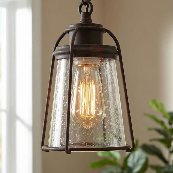 Farmhouse Black Kitchen Pendant Light, Maya 1-Light Modern Industrial Bronze Pendant Light with Caged Seeded Glass Shade