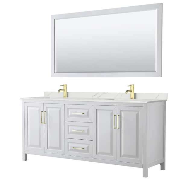 Wyndham Collection Daria 80 in. W x 22 in. D x 35.75 in. H Double Bath Vanity in White with Giotto Quartz Top and 70 in. Mirror