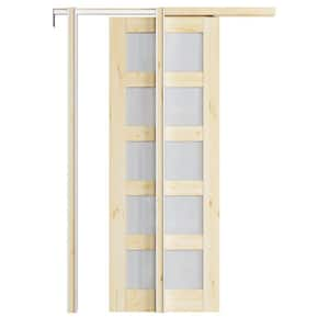 28 in. x 80 in. 5-Lite Frosted Glass Unfinished Solid Core Pine Wood Pocket Sliding Door with Hardware and Soft Close