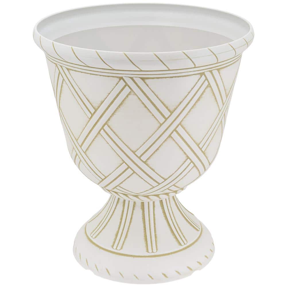 Lattice 14" White and Beige Plastic Garden Urn Planter
