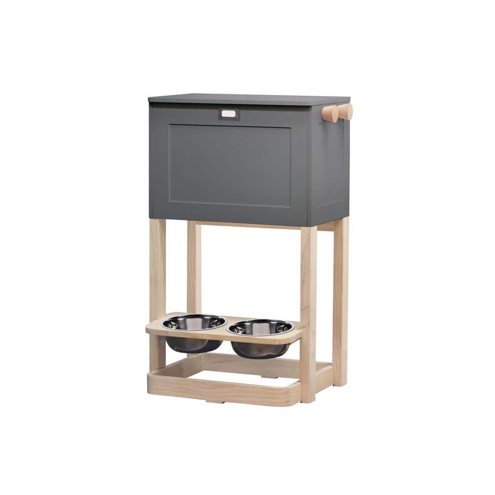 Gray Elevated Pet Feeding Station with Storage and Hooks
