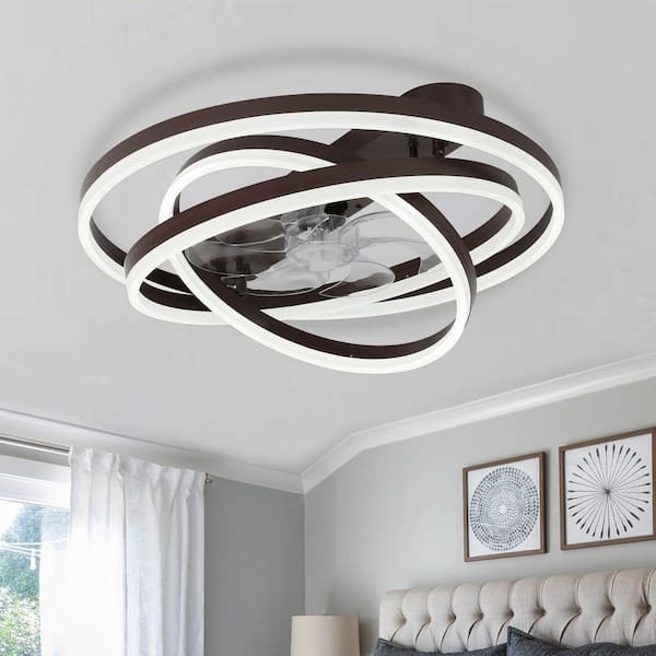 Bella Depot 24 in. LED Indoor Coffee Low Profile Dimmable Ceiling Fan Flush Mount Smart App Remote Control with DIY Shade